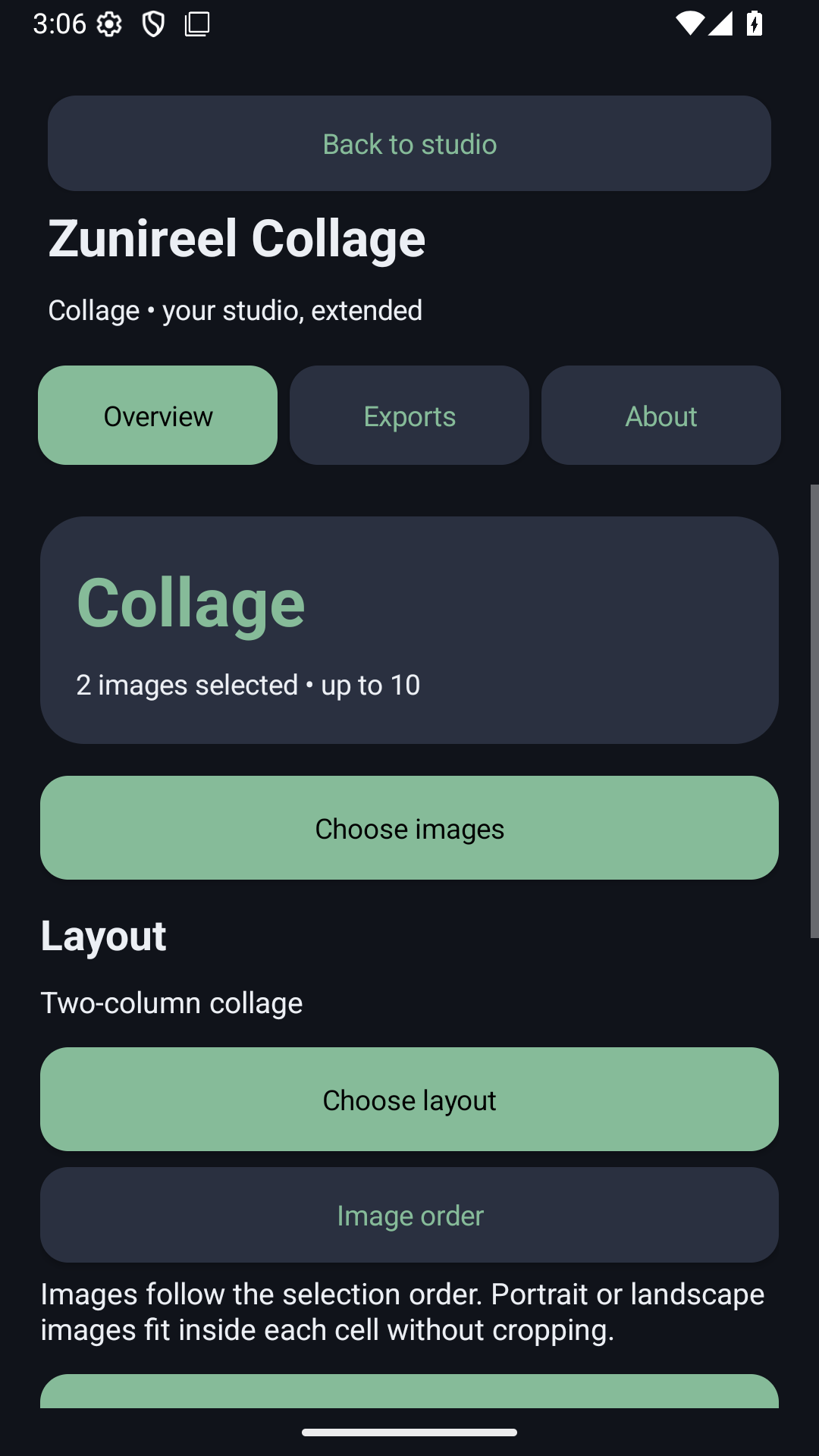 Zunireel Collage feature screen